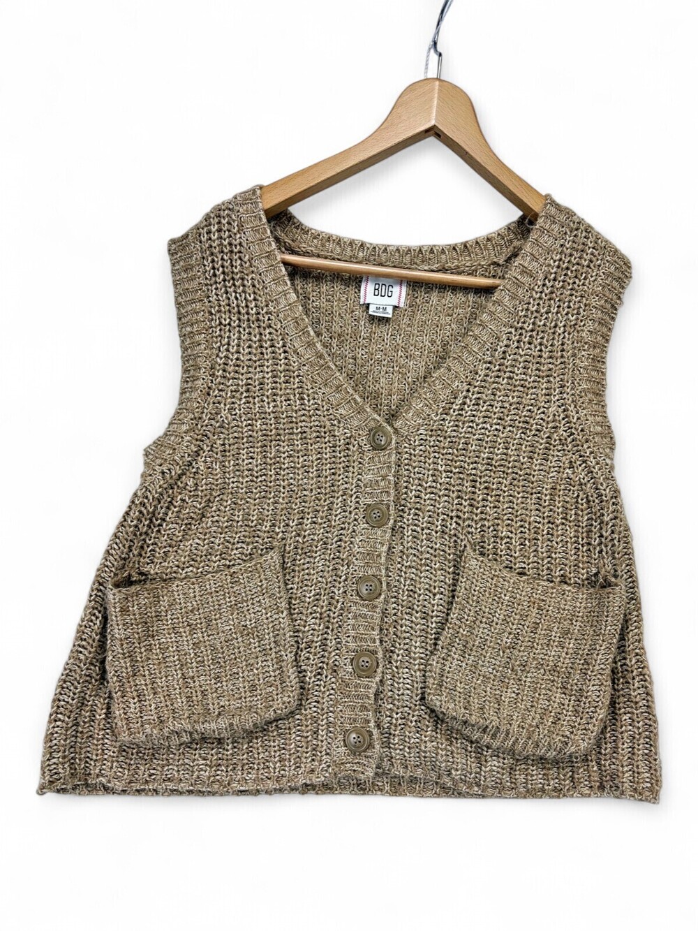 BDG Tan Chunky Knit Sweater Vest M Button Front Patch Pockets